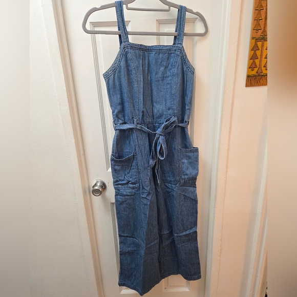 OLD NAVY Sleeveless Tie-Belt Utility Jean Blue Wide Leg Jumpsuit 100% Cotton Sm - Picture 2 of 7